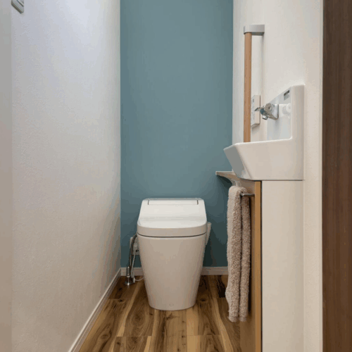 二階のトイレもアクセントとして一部クロスの色を変えました。     クロス：ルノン　RF-6297