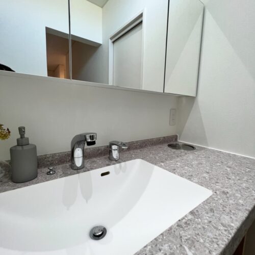 洗面台の右奥には、ダストシューターを設置しました。  よく見るお店のゴミ箱の、あれです(*^^*)  このアイデアはナイス！