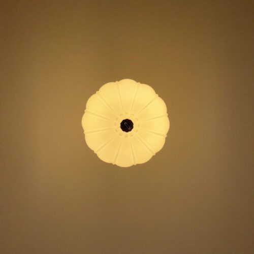 こちらは、奥様のお部屋の照明を下から撮影したもの。  とってもかわいくて、ついついパシャリしてしまいました(*´з`)  お花のような、また、少しアンティーク感もあるこちらの照明は、お施主様に支給して頂いたものになります。ぽわわんとしたフォルムがなんとも言えません～(*´ω｀)