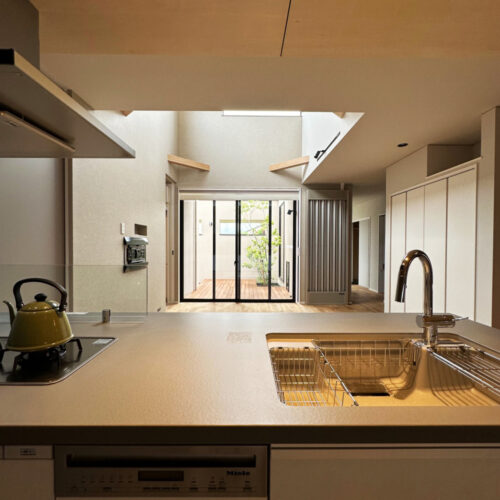 キッチンからの眺め。  中庭に植えた木に癒されます(*^-^*)